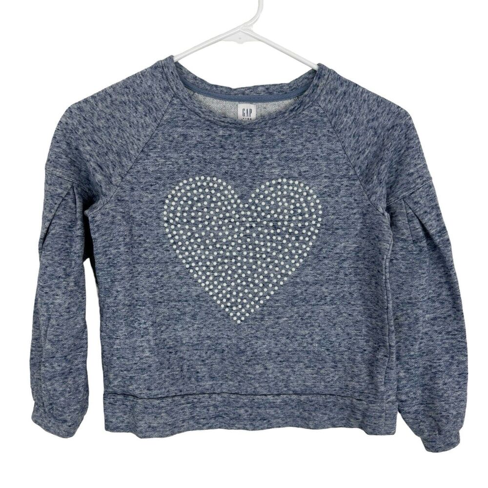 Gap Pearl Studded Heart Pleat Sleeve Blue Sweatshirt Girls Medium